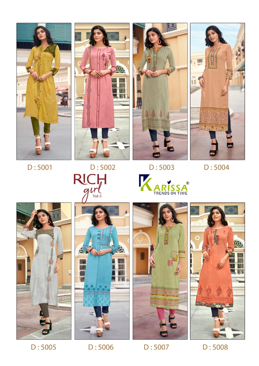 Karissa Rich Girl 5 Latest Fancy Designer Heavy Rayon Foil Print Designer Kurtis Collection
